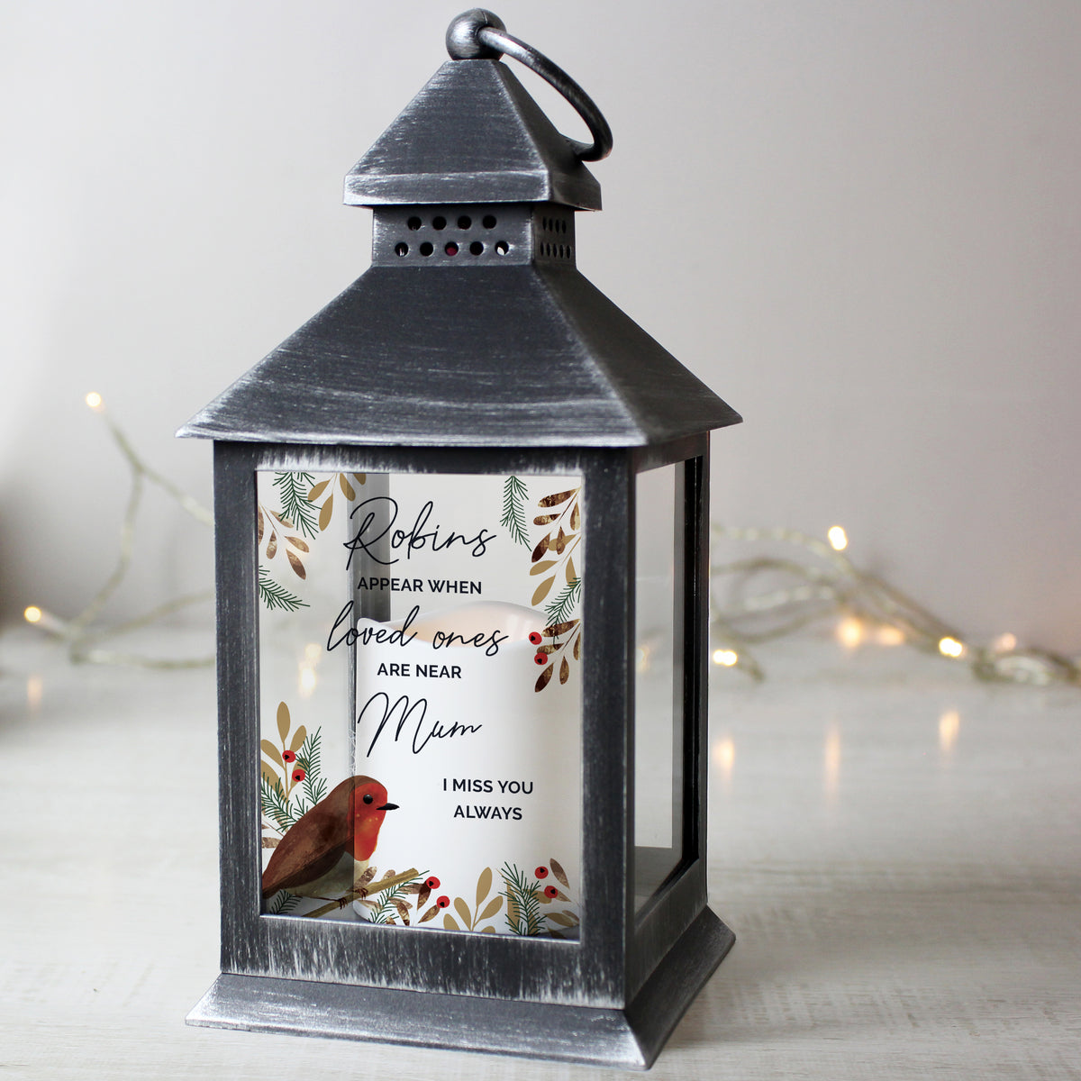 Personalised Robins Appear.. Memorial Black Lantern for Christmas