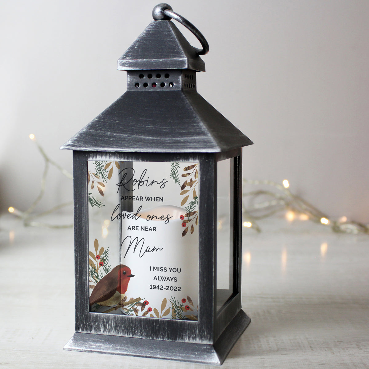 Personalised Robins Appear.. Memorial Black Lantern for Christmas