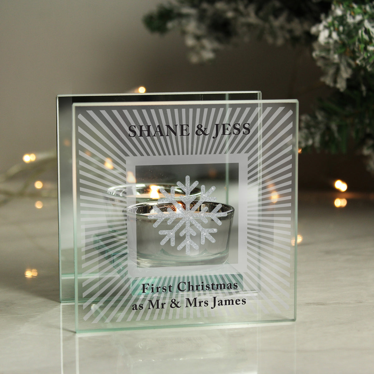 Personalised Snowflake Silver Glitter Tea Light Holder | Christmas Gift