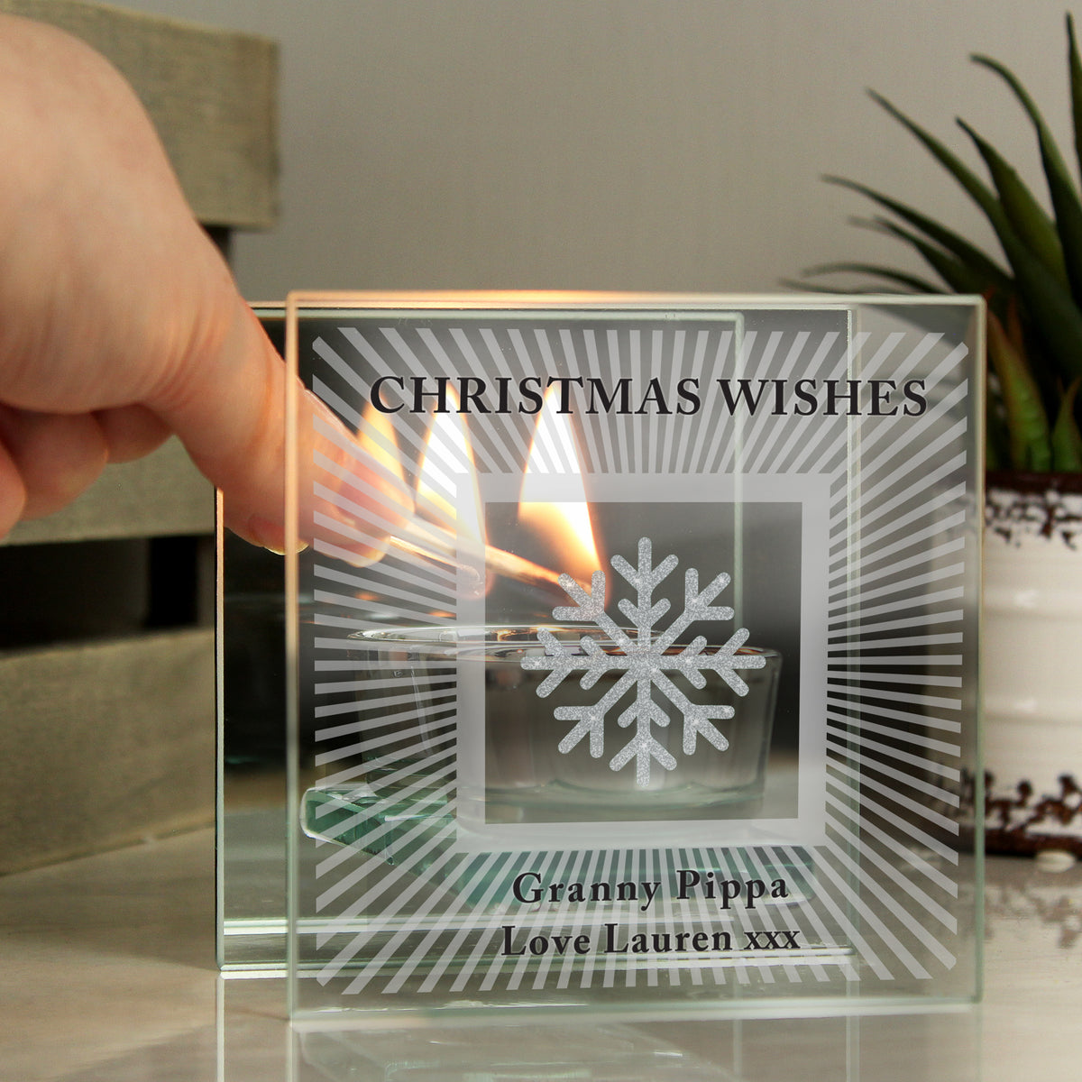 Personalised Snowflake Silver Glitter Tea Light Holder | Christmas Gift