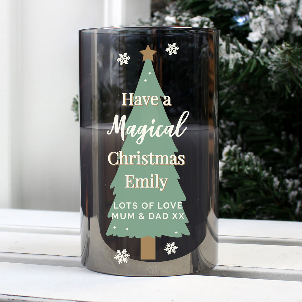 Personalised Christmas Tree Smoked Glass LED Candle for Christmas