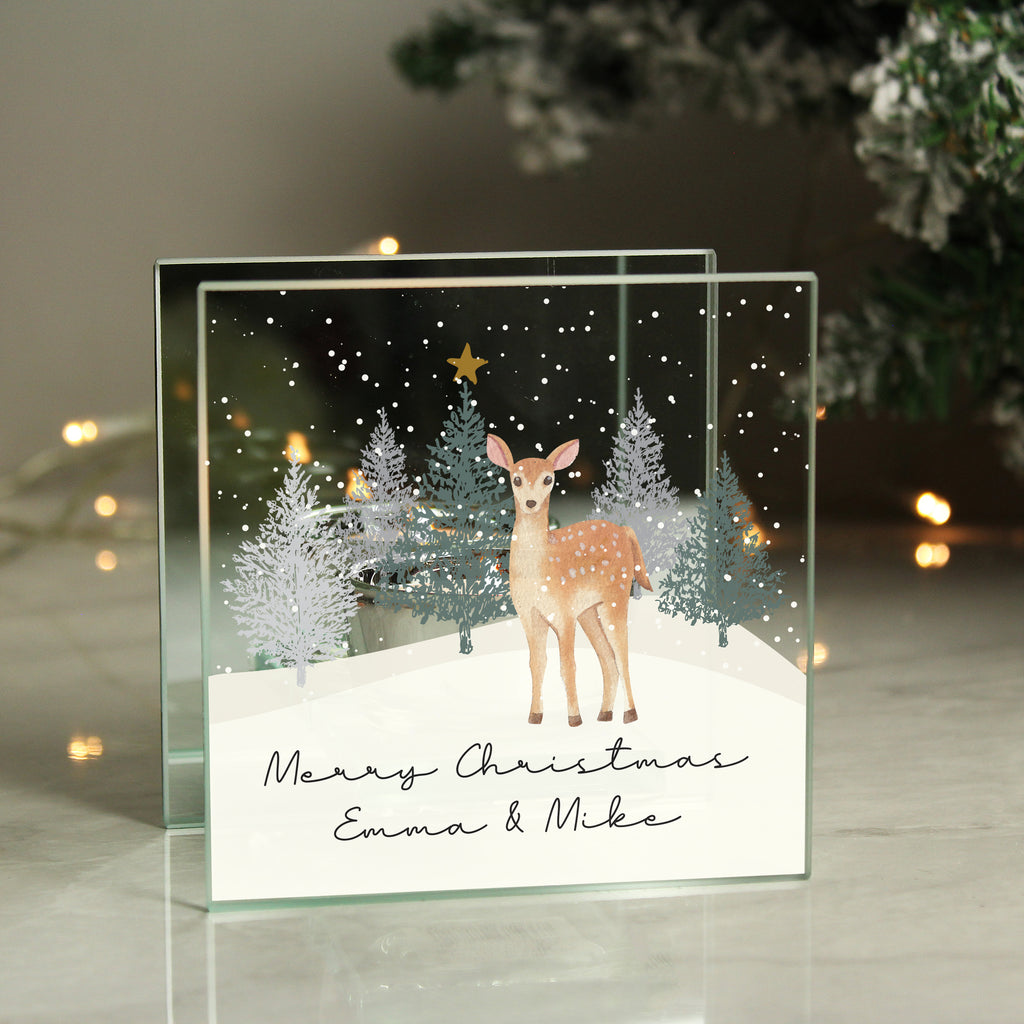 Personalised Christmas Deer Glass Tea Light Candle Holder | Candles & Reed Diffusers | Christmas Gift