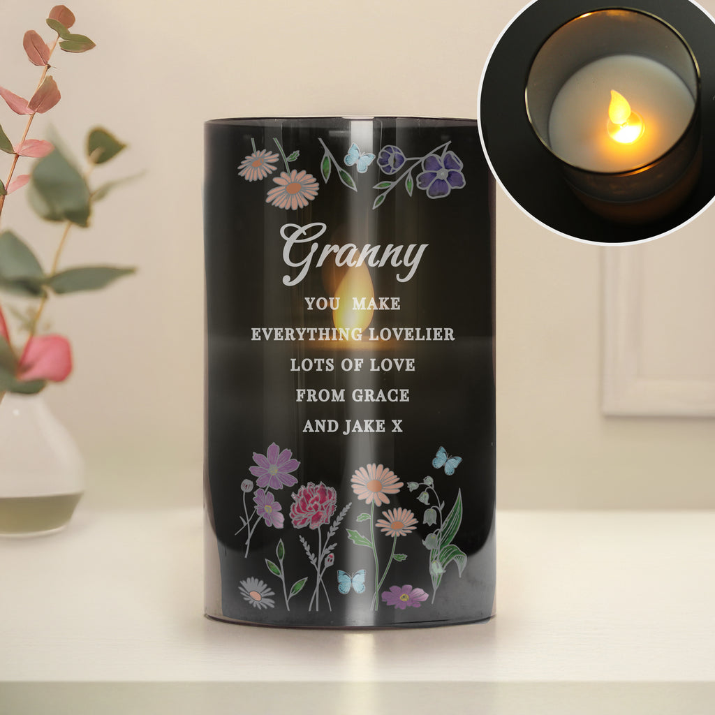 Personalised Wild Flowers Smoked Glass LED Candle for Mother's Day