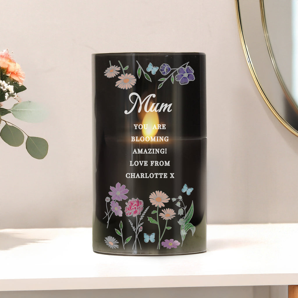 Personalised Wild Flowers Smoked Glass LED Candle for Mother's Day