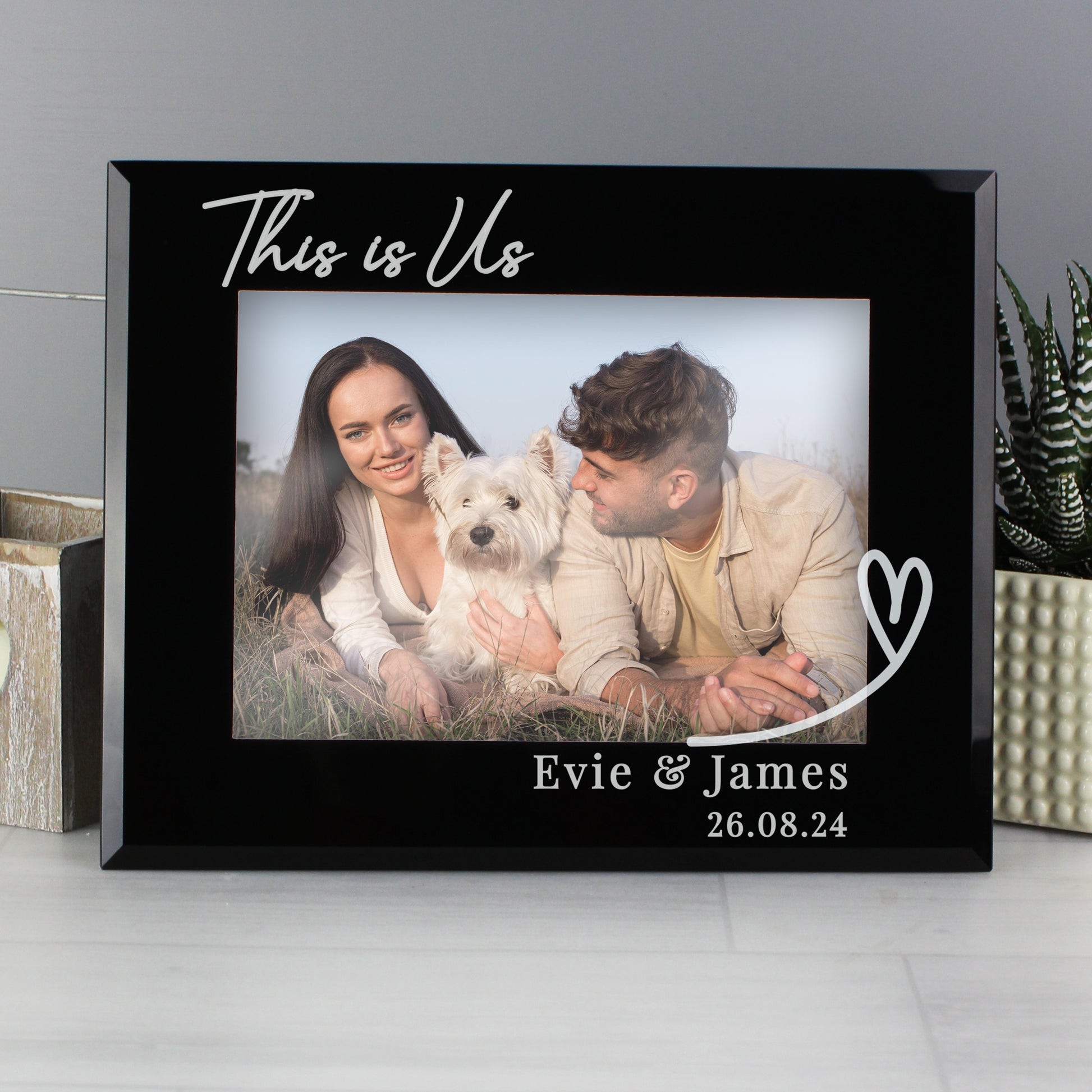 Personalised Heart Black Glass 5x7 Photo Frame - Picture Frame - Inspired Creative Gifts