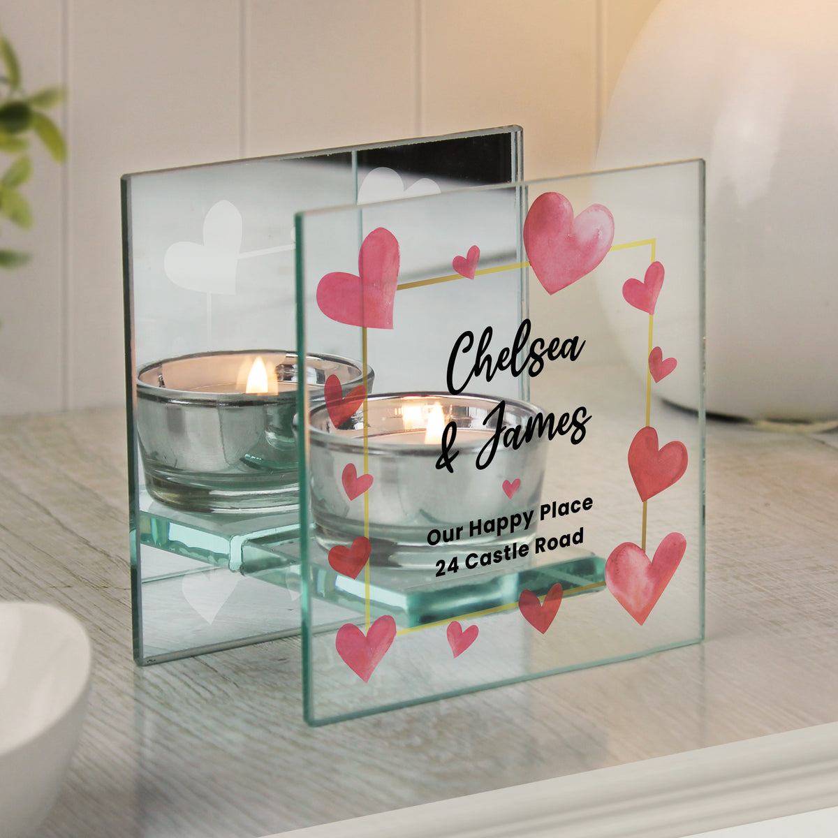 Personalised Hearts Mirrored Glass Tealight Holder | Candles & Reed Diffusers | Inspired Creative Gifts