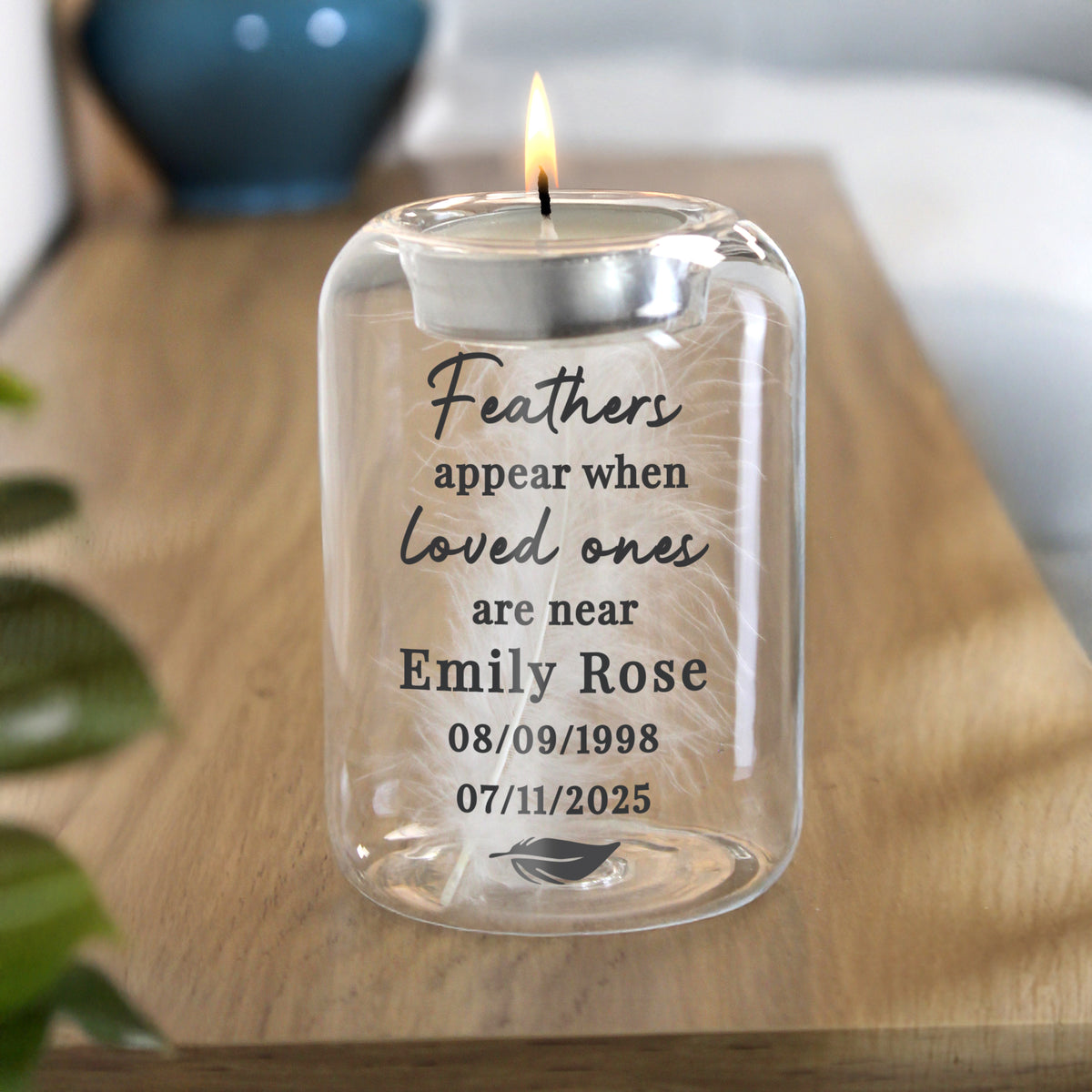 Personalised Loved Ones Memorial Feather Tealight Holder | Candles & Reed Diffusers | Memorial Gift
