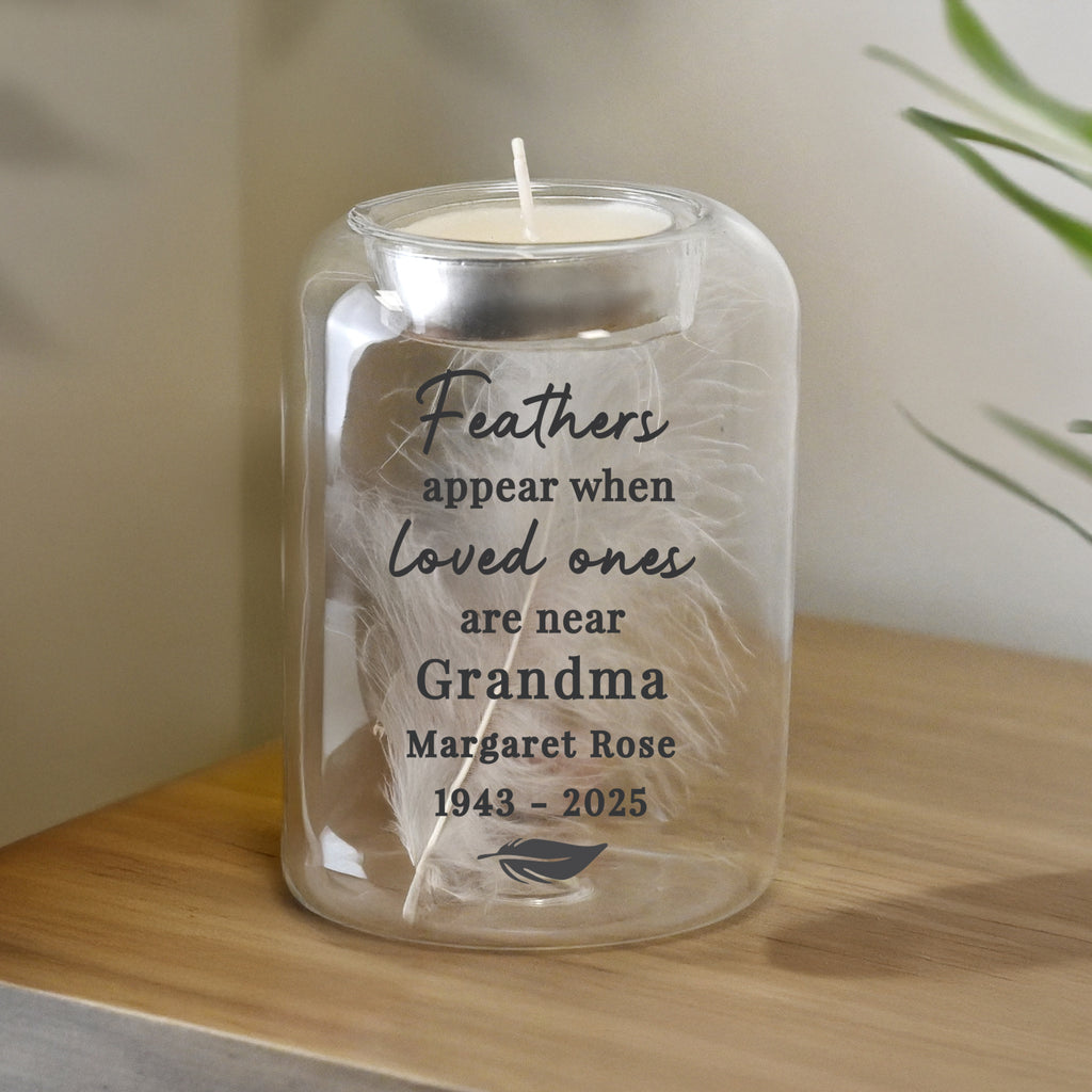 Personalised Loved Ones Memorial Feather Tealight Holder | Candles & Reed Diffusers | Memorial Gift