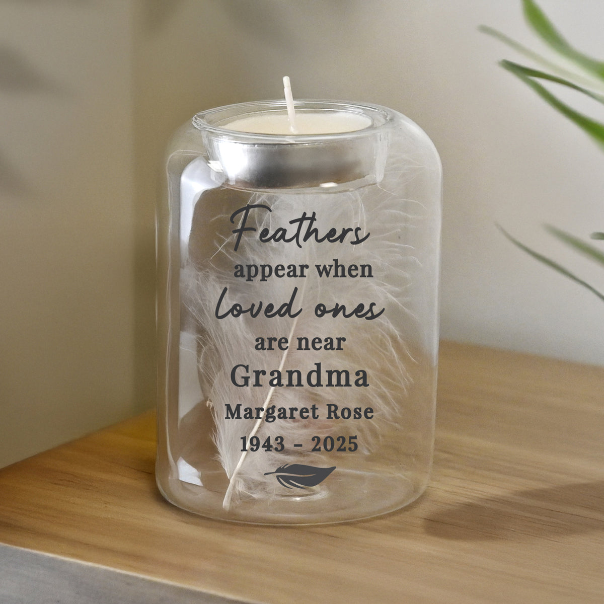 Personalised Loved Ones Memorial Feather Tealight Holder | Candles & Reed Diffusers | Memorial Gift