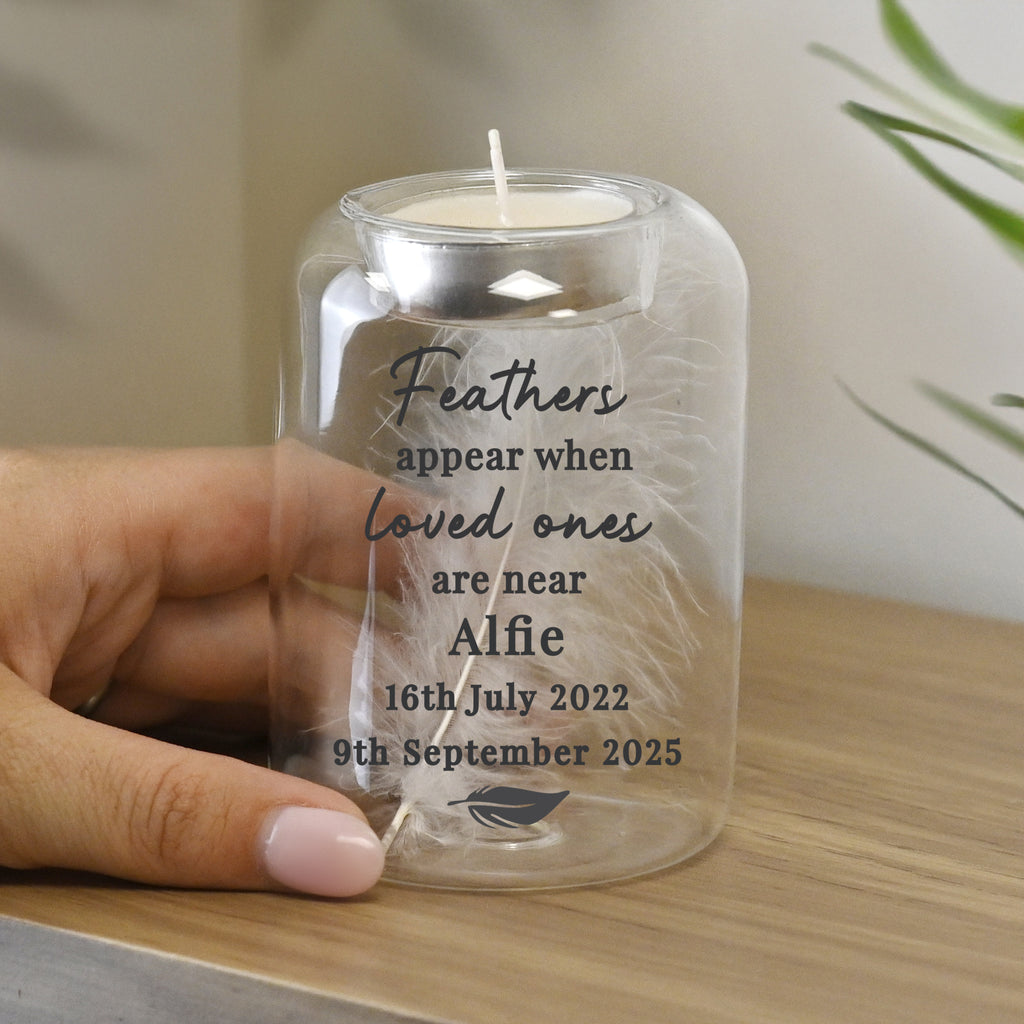 Personalised Loved Ones Memorial Feather Tealight Holder | Candles & Reed Diffusers | Memorial Gift