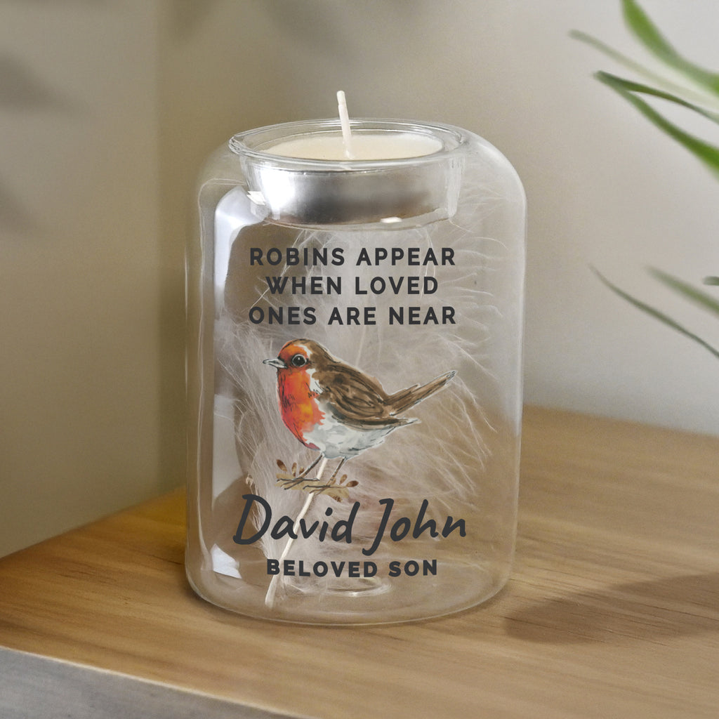 Personalised Robin Memorial Feather Tealight Holder | Candles & Reed Diffusers | Inspired Creative Gifts