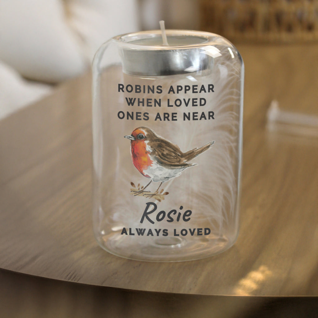 Personalised Robin Memorial Feather Tealight Holder | Candles & Reed Diffusers | Inspired Creative Gifts