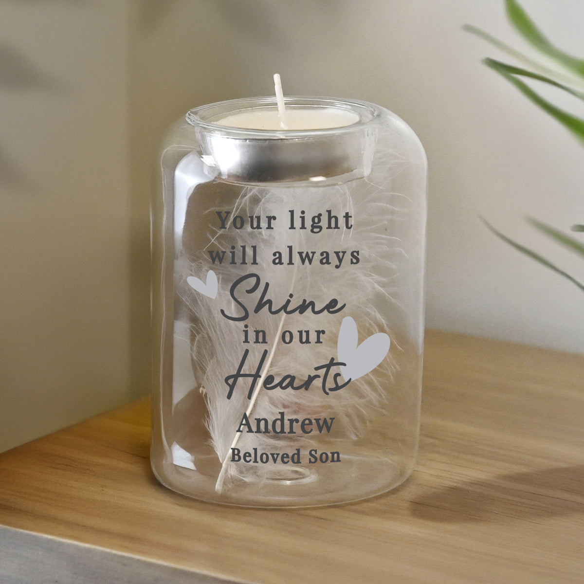 Personalised In Our Hearts Memorial Feather Tealight Holder | Candles & Reed Diffusers