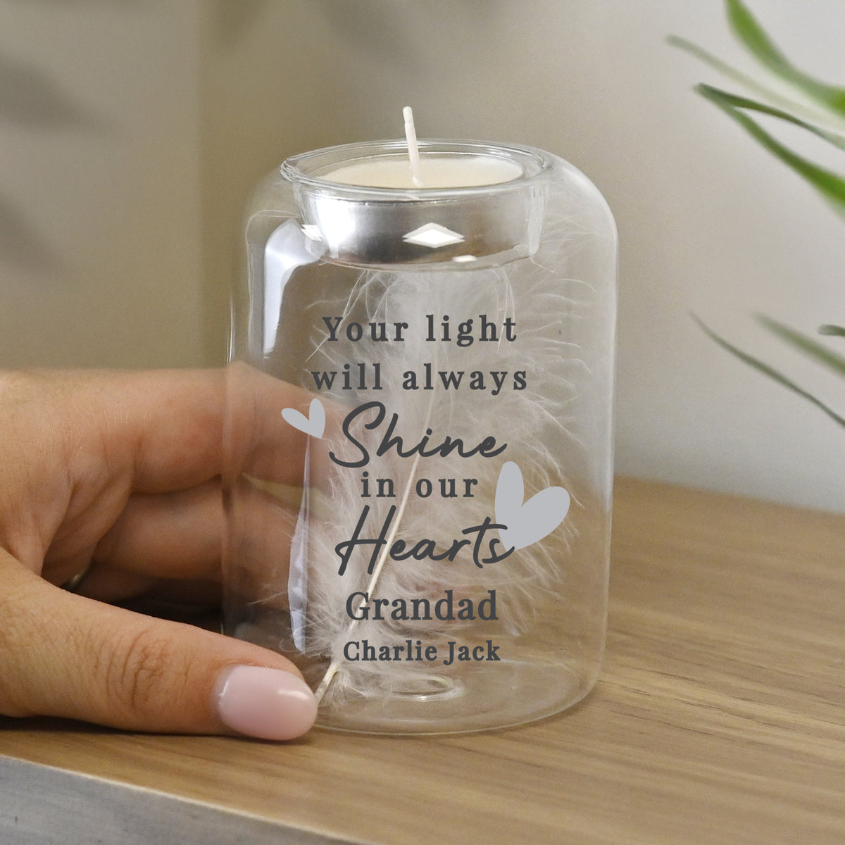 Personalised In Our Hearts Memorial Feather Tealight Holder | Candles & Reed Diffusers