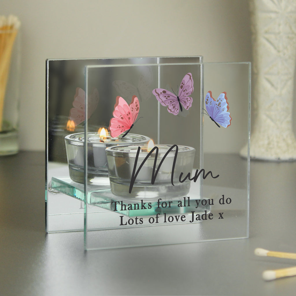 Personalised Butterfly Mirrored Tealight Holder | Candles & Reed Diffusers