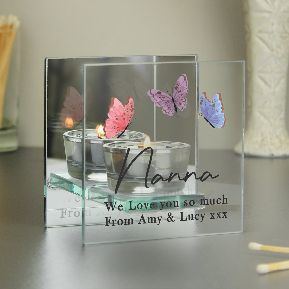 Personalised Butterfly Mirrored Tealight Holder | Candles & Reed Diffusers
