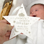 Personalised Twinkle Twinkle Wooden Star Decoration for New Baby