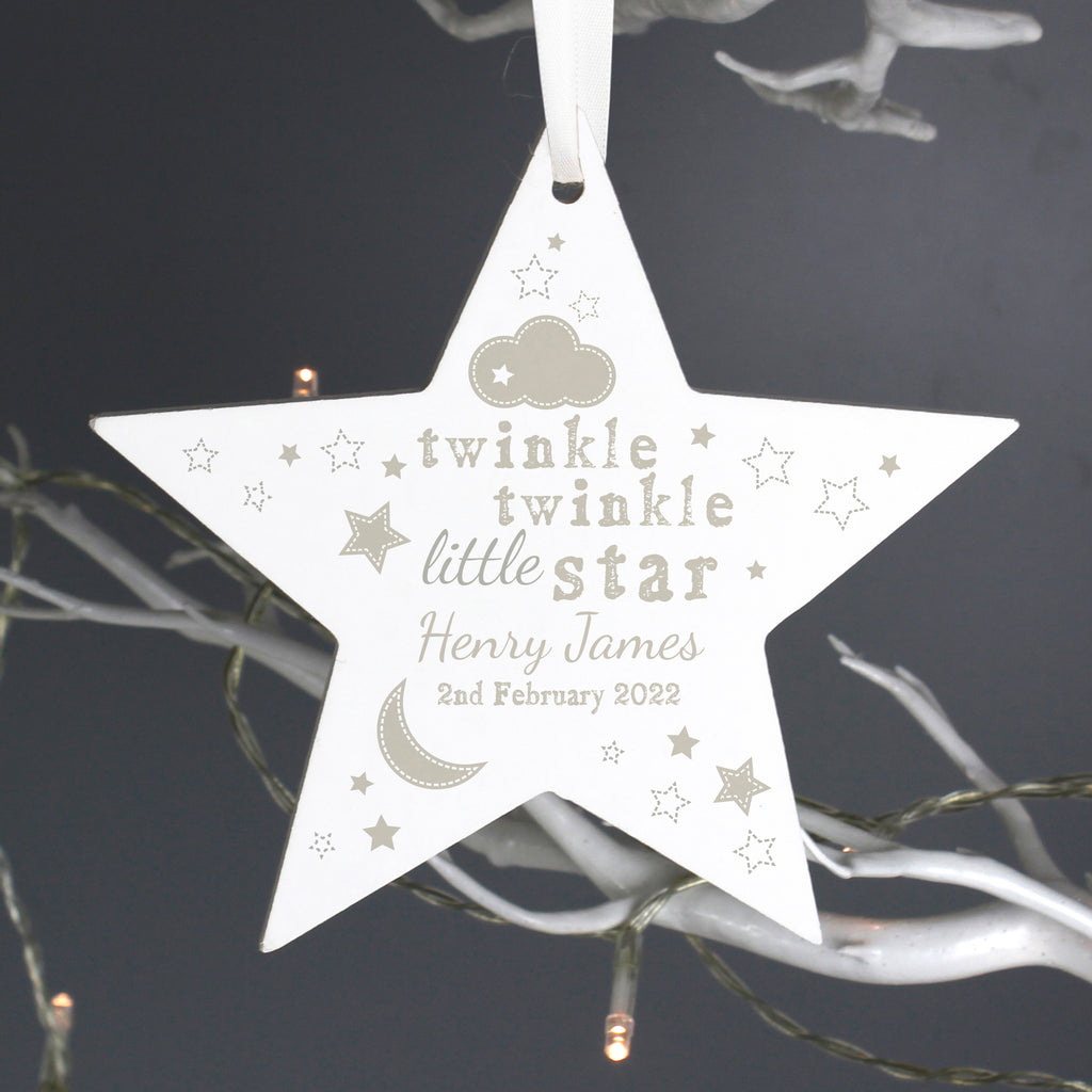 Personalised Twinkle Twinkle Wooden Star Decoration for New Baby