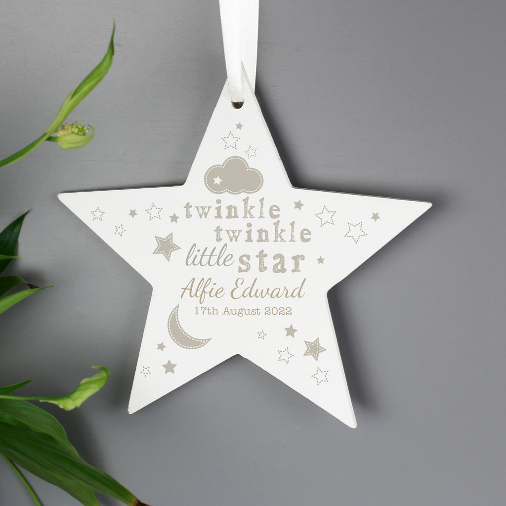 Personalised Twinkle Twinkle Wooden Star Decoration for New Baby