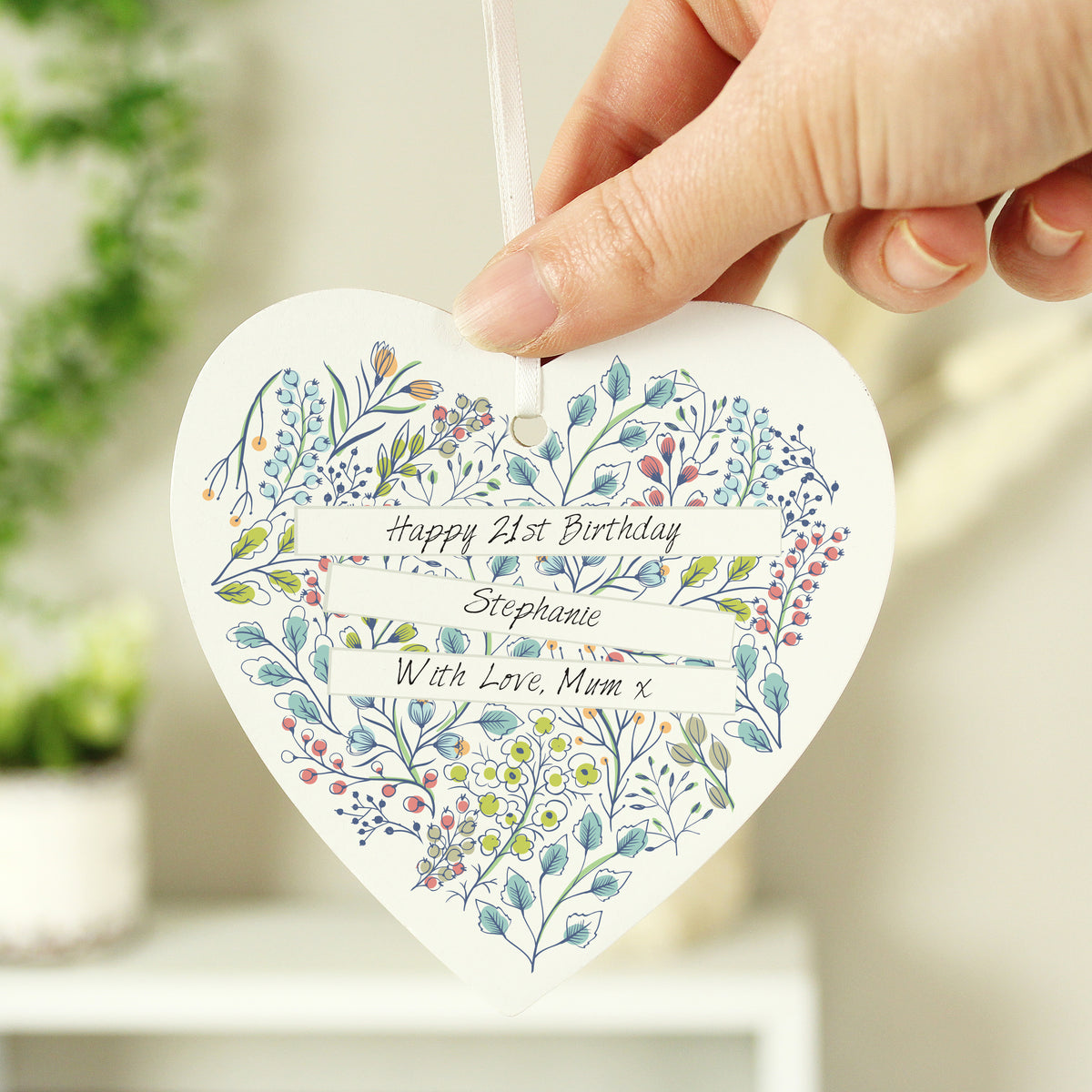 Personalised Botanical Scroll Wooden Heart Decoration | Hanging Decorations & Signs | Inspired Creative Gifts