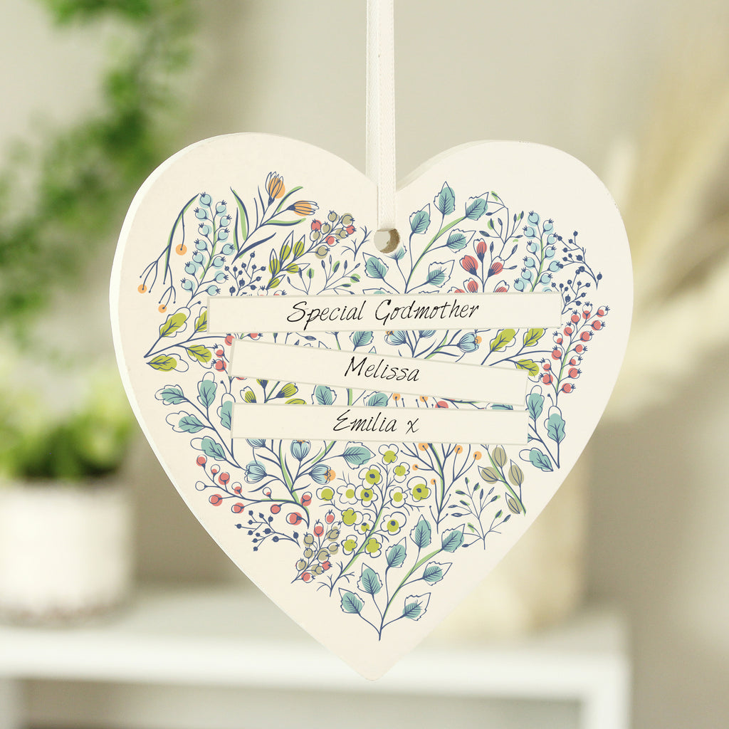 Personalised Botanical Scroll Wooden Heart Decoration | Hanging Decorations & Signs | Inspired Creative Gifts