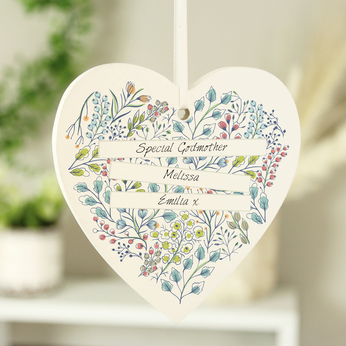 Personalised Botanical Scroll Wooden Heart Decoration | Hanging Decorations & Signs | Inspired Creative Gifts
