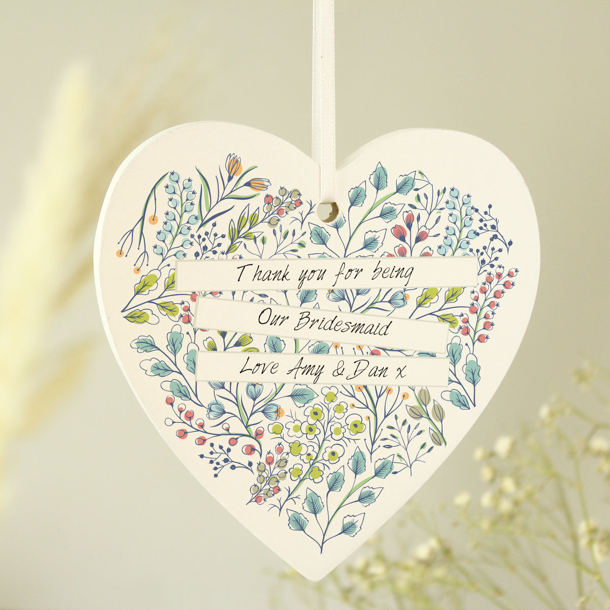 Personalised Botanical Scroll Wooden Heart Decoration | Hanging Decorations & Signs | Inspired Creative Gifts