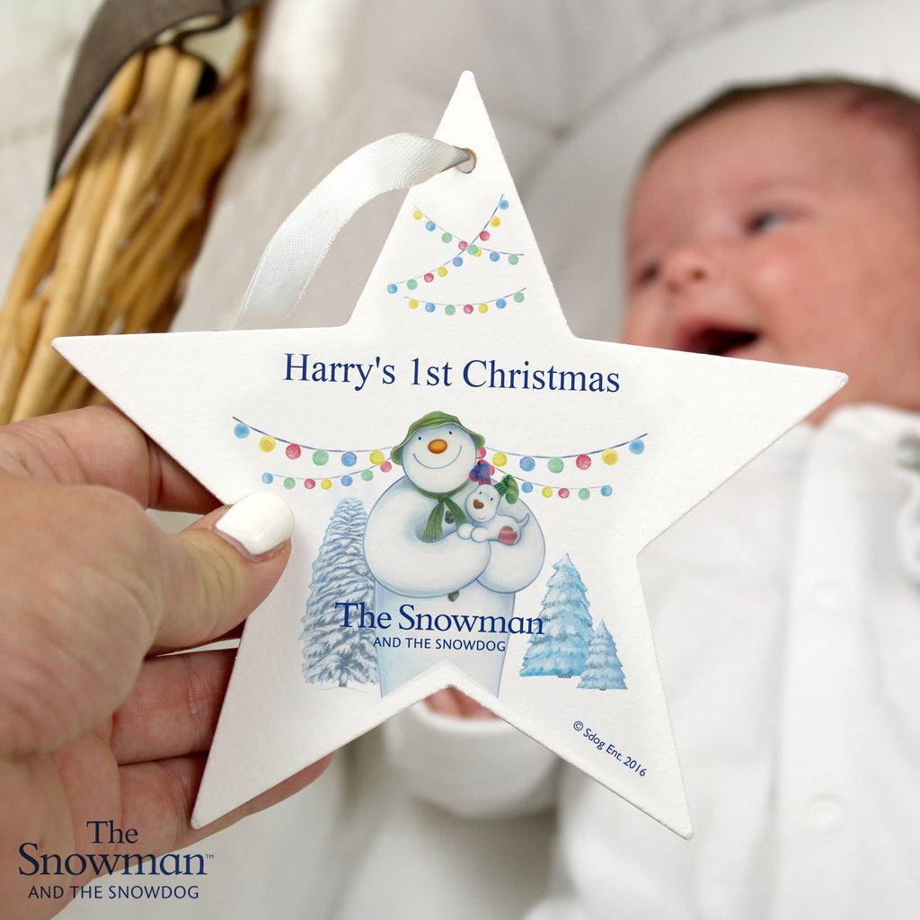 Personalised The Snowman and the Snowdog Wooden Star Decoration for Christmas