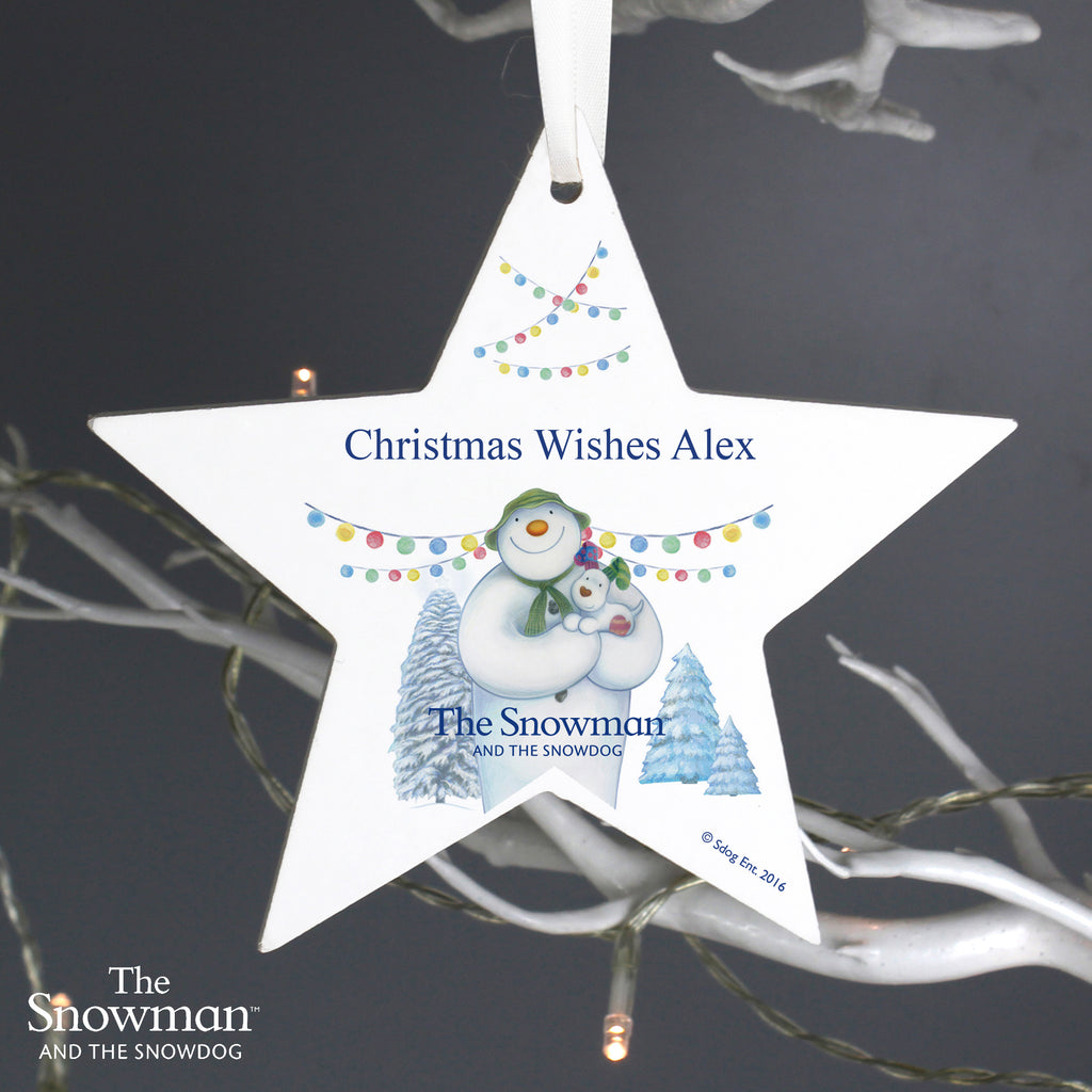 Personalised The Snowman and the Snowdog Wooden Star Decoration for Christmas