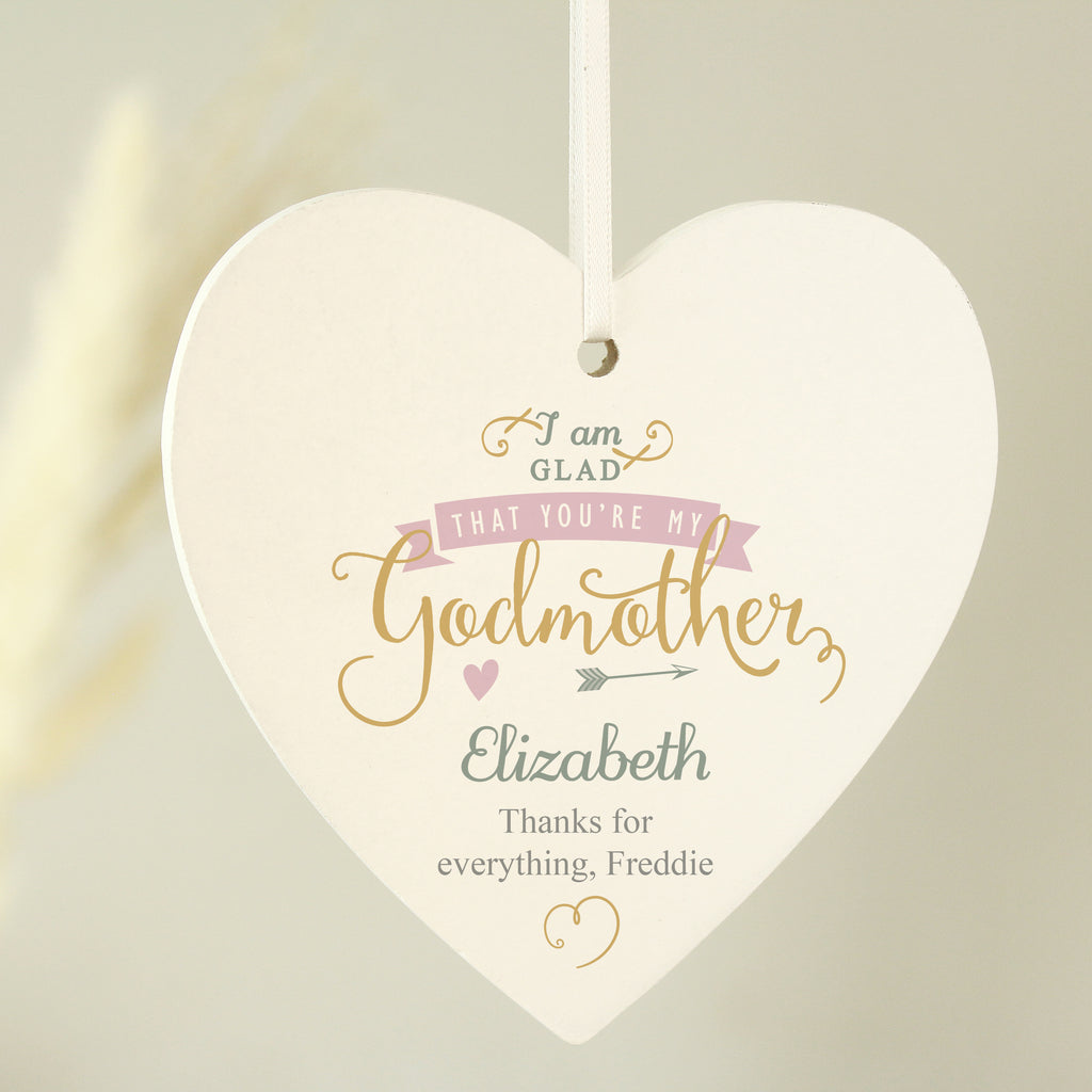 Personalised I Am Glad... Godmother Wooden Heart Decoration | Mother's Day Gift