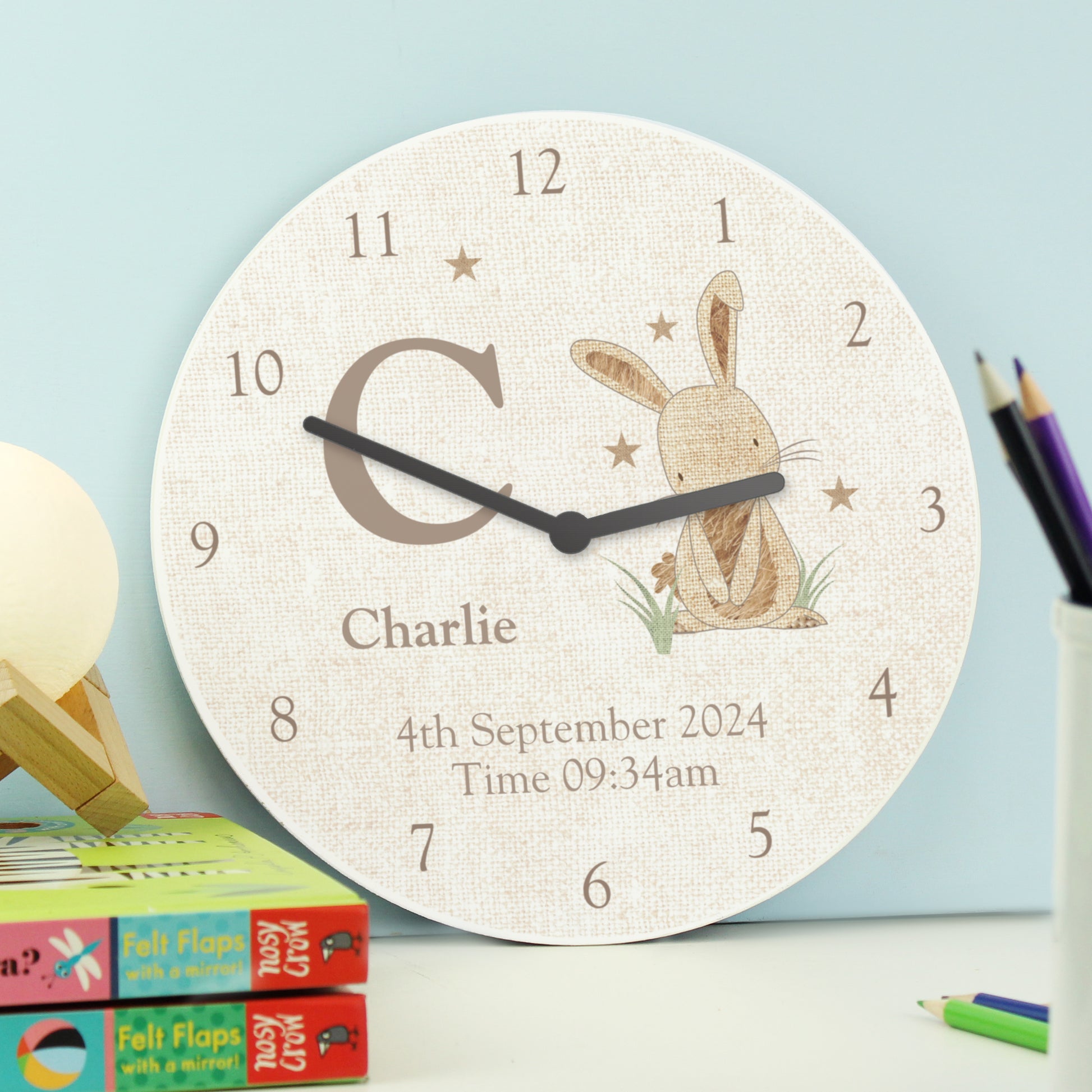Personalised Hessian Rabbit Shabby Chic Large Wooden Clock - Clocks & Watches - Inspired Creative Gifts