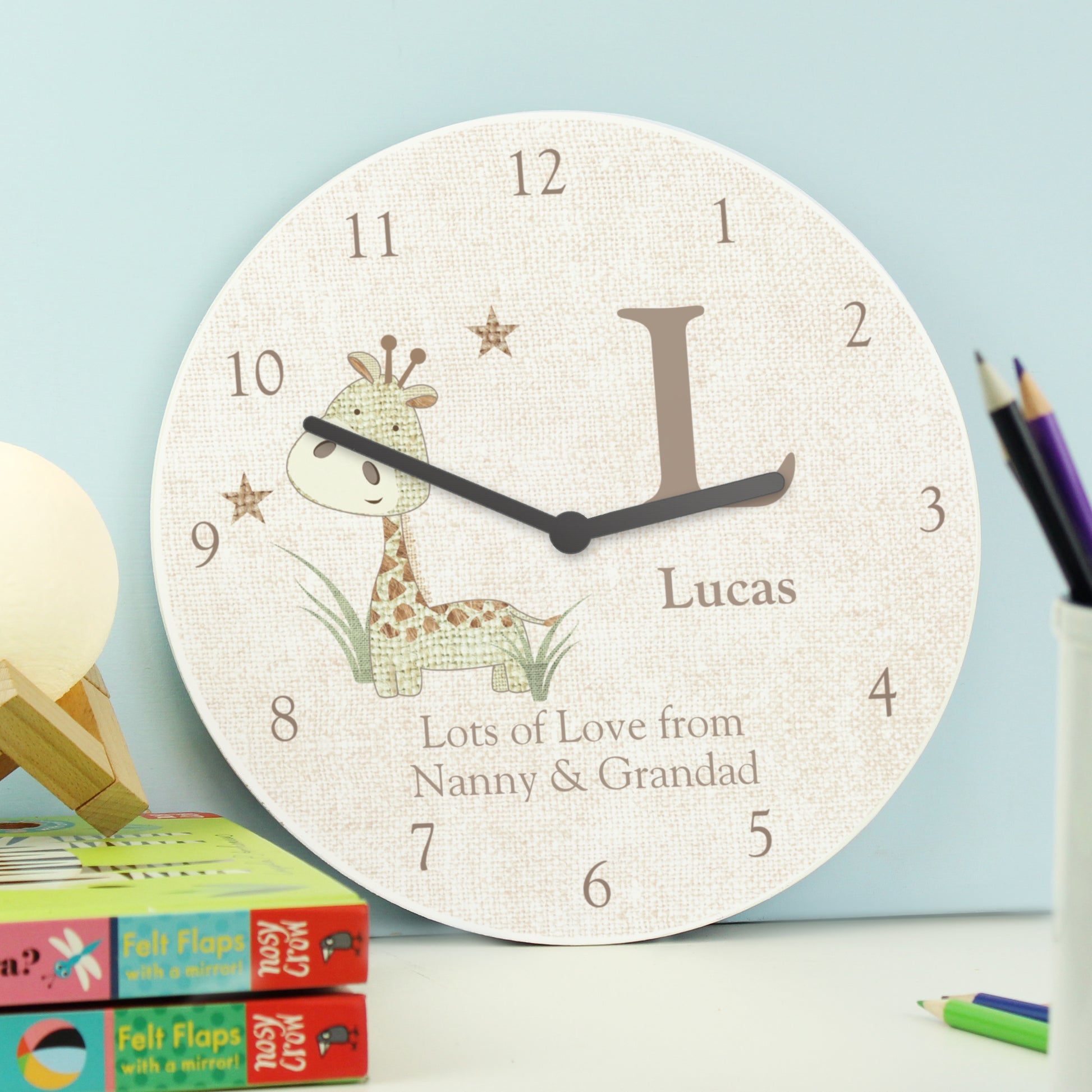 Personalised Hessian Giraffe Shabby Chic Large Wooden Clock - Clocks & Watches - Inspired Creative Gifts
