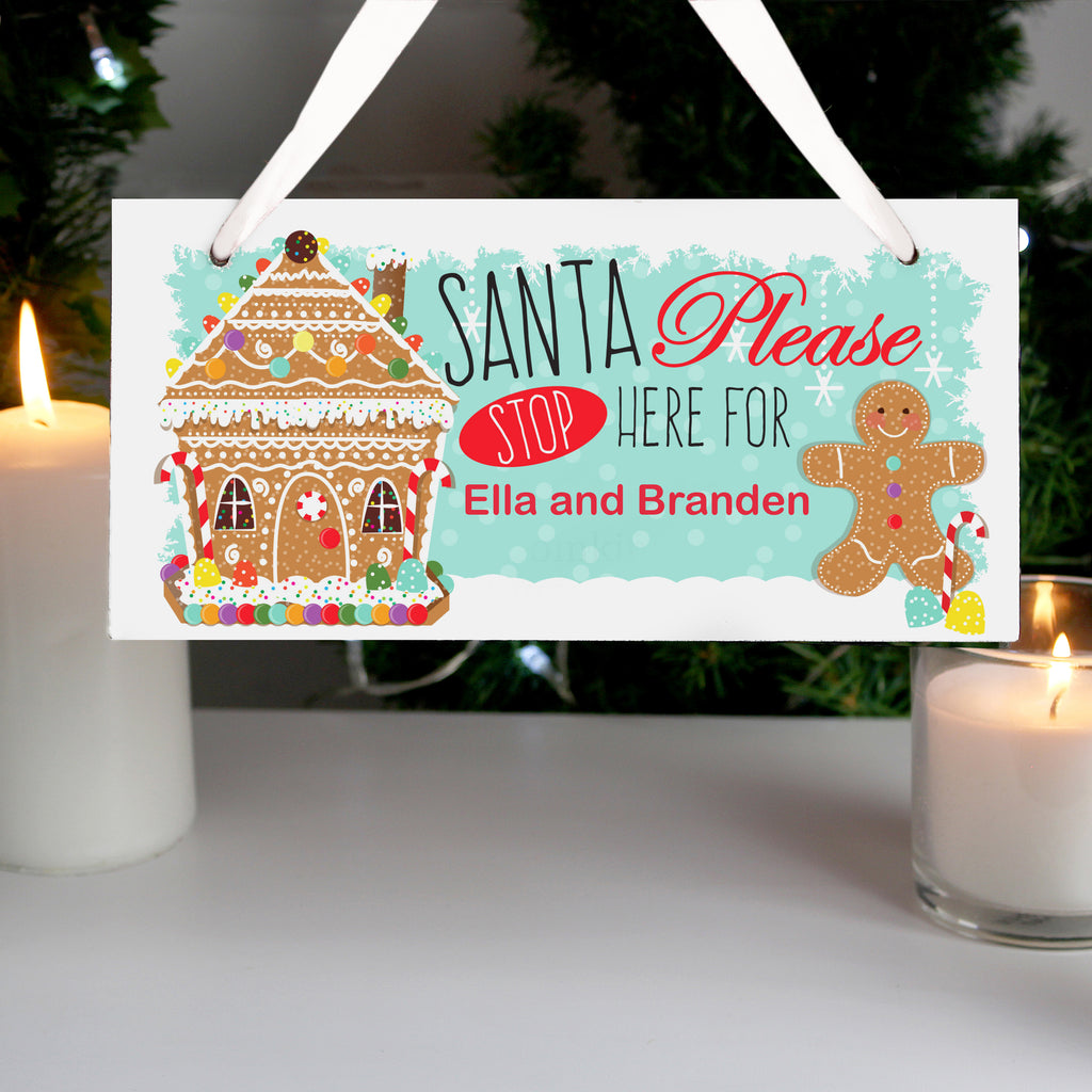 Personalised Gingerbread House Santa Stop Here Wooden Sign for Christmas