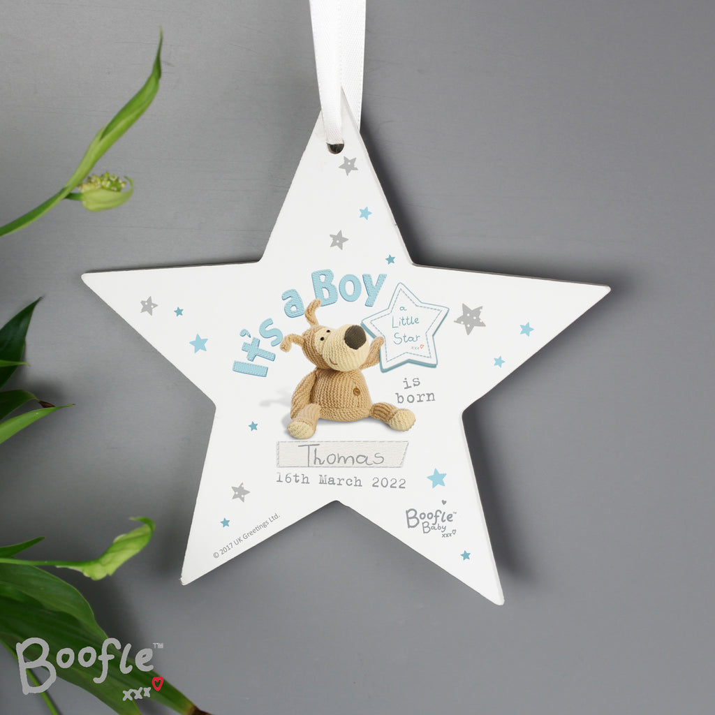 Personalised Boofle Its a Boy Wooden Star Decoration for New Baby