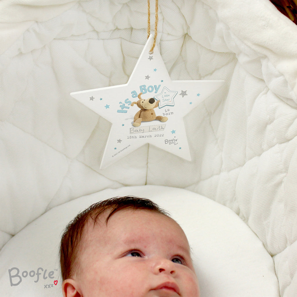 Personalised Boofle Its a Boy Wooden Star Decoration for New Baby
