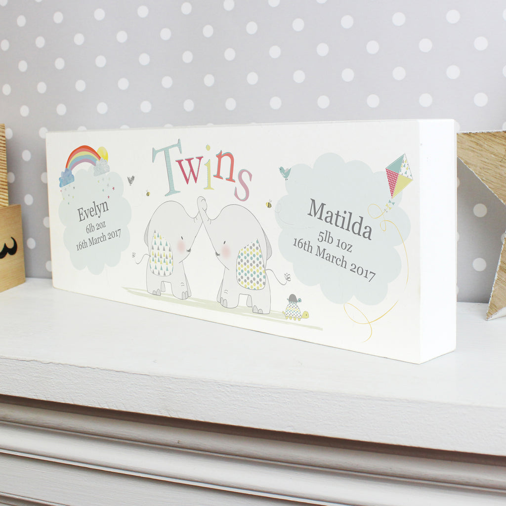 Personalised Hessian Elephant Twins Wooden Mantel Decoration | New Baby Gift