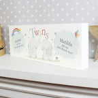 Personalised Hessian Elephant Twins Wooden Mantel Decoration | New Baby Gift