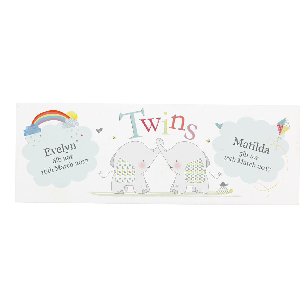 Personalised Hessian Elephant Twins Wooden Mantel Decoration | New Baby Gift