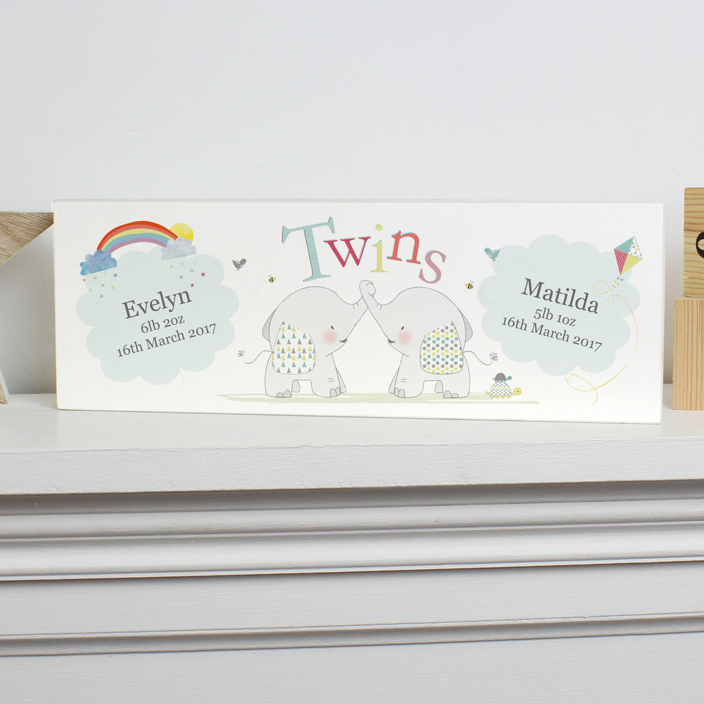 Personalised Hessian Elephant Twins Wooden Mantel Decoration | New Baby Gift