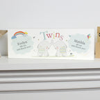 Personalised Hessian Elephant Twins Wooden Mantel Decoration | New Baby Gift