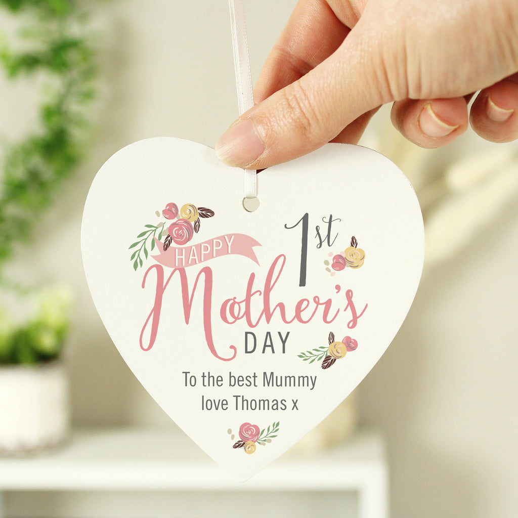 Personalised Floral Bouquet 1st Mothers Day Wooden Heart Decoration for Mother's Day
