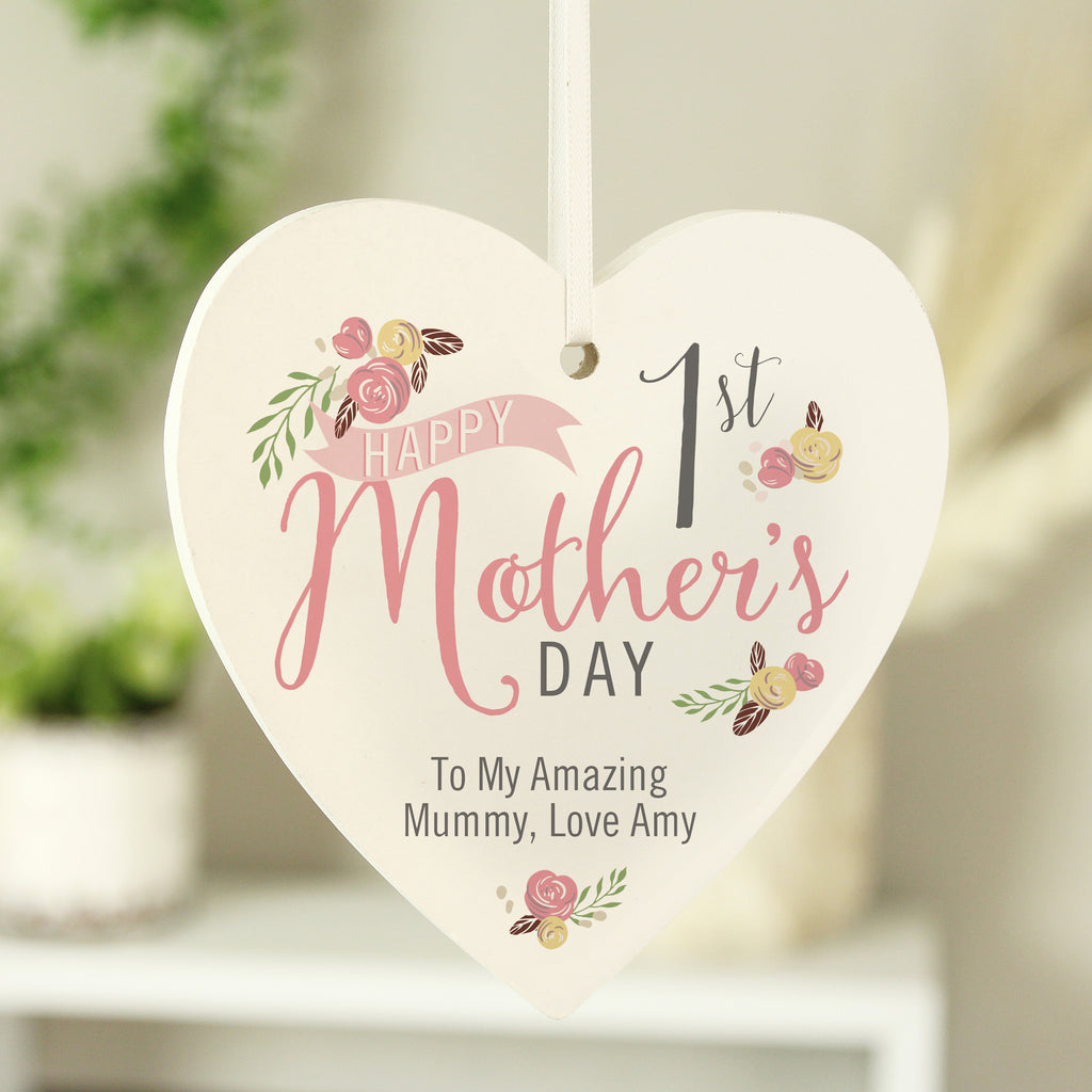 Personalised Floral Bouquet 1st Mothers Day Wooden Heart Decoration for Mother's Day