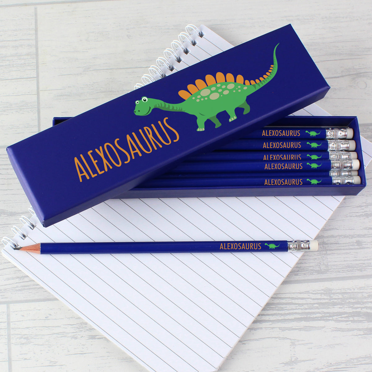 Personalised Dinosaur Box of 12 Blue HB Pencils | Stationery & Pens