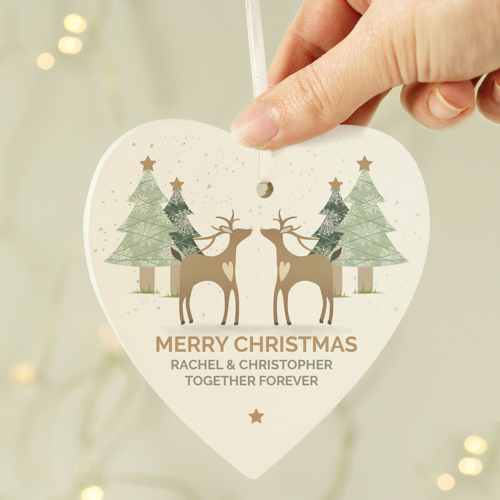Personalised Reindeer Couple Wooden Heart Decoration | Christmas Gift