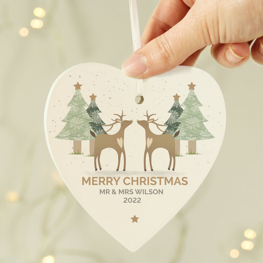 Personalised Reindeer Couple Wooden Heart Decoration | Christmas Gift