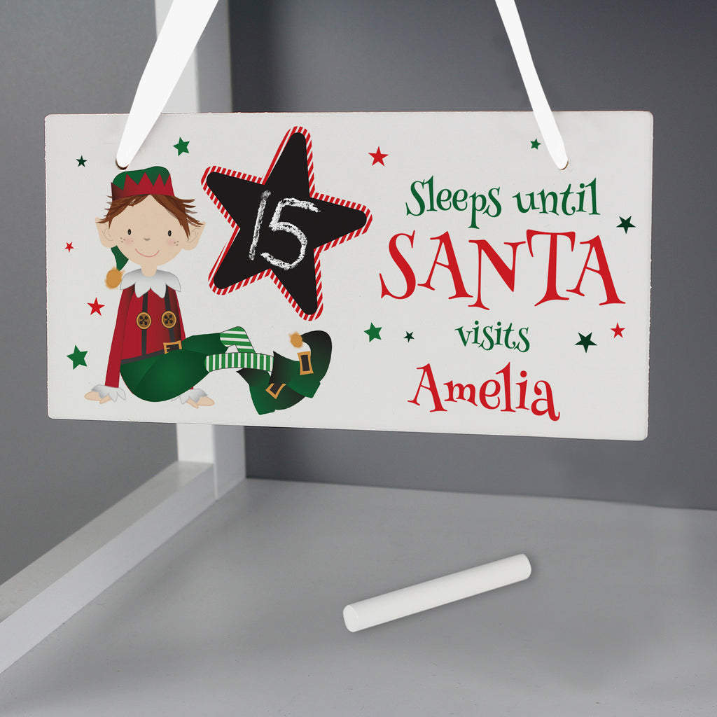 Personalised Elf Christmas Chalk Countdown Wooden Sign | Christmas Gift