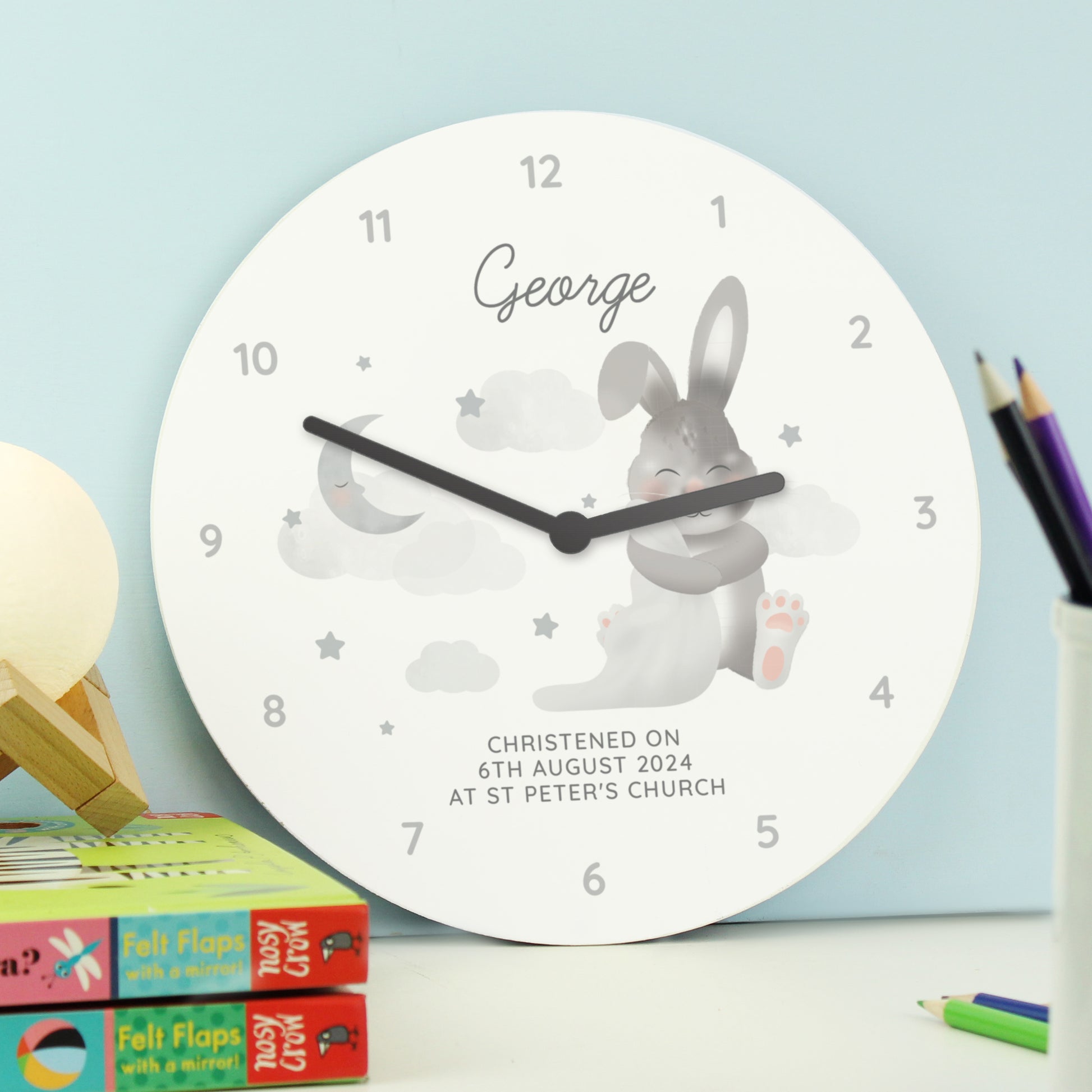 Personalised Baby Bunny White Wooden Clock - Clocks & Watches - Inspired Creative Gifts