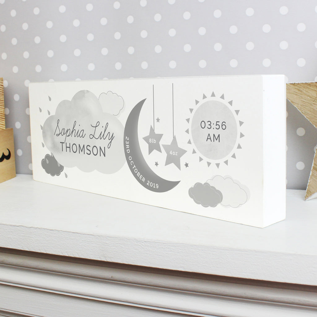 Personalised New Baby Moon & Stars Wooden Mantel Decoration | Hanging Decorations & Signs | New Baby Gift