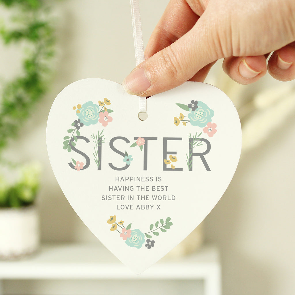 Personalised Sister Floral Wooden Heart Decoration for New Home