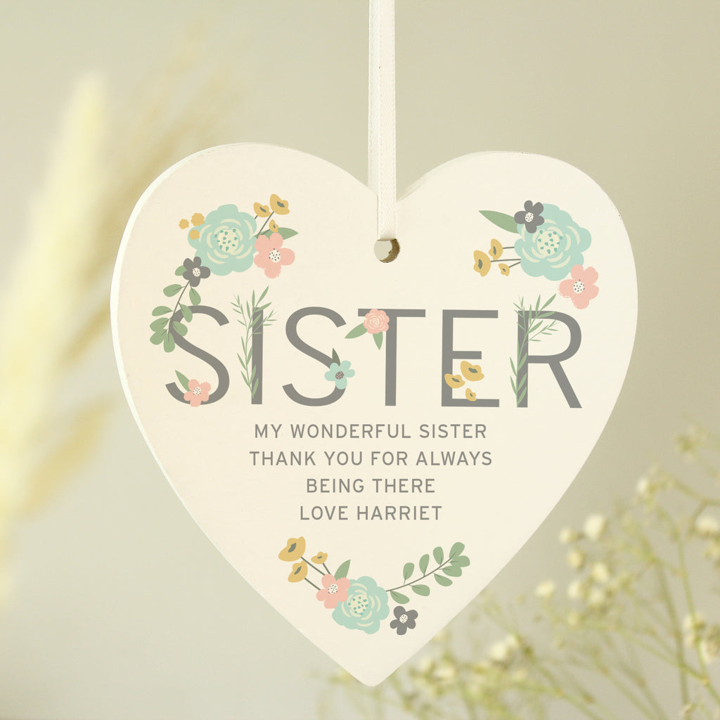 Personalised Sister Floral Wooden Heart Decoration for New Home